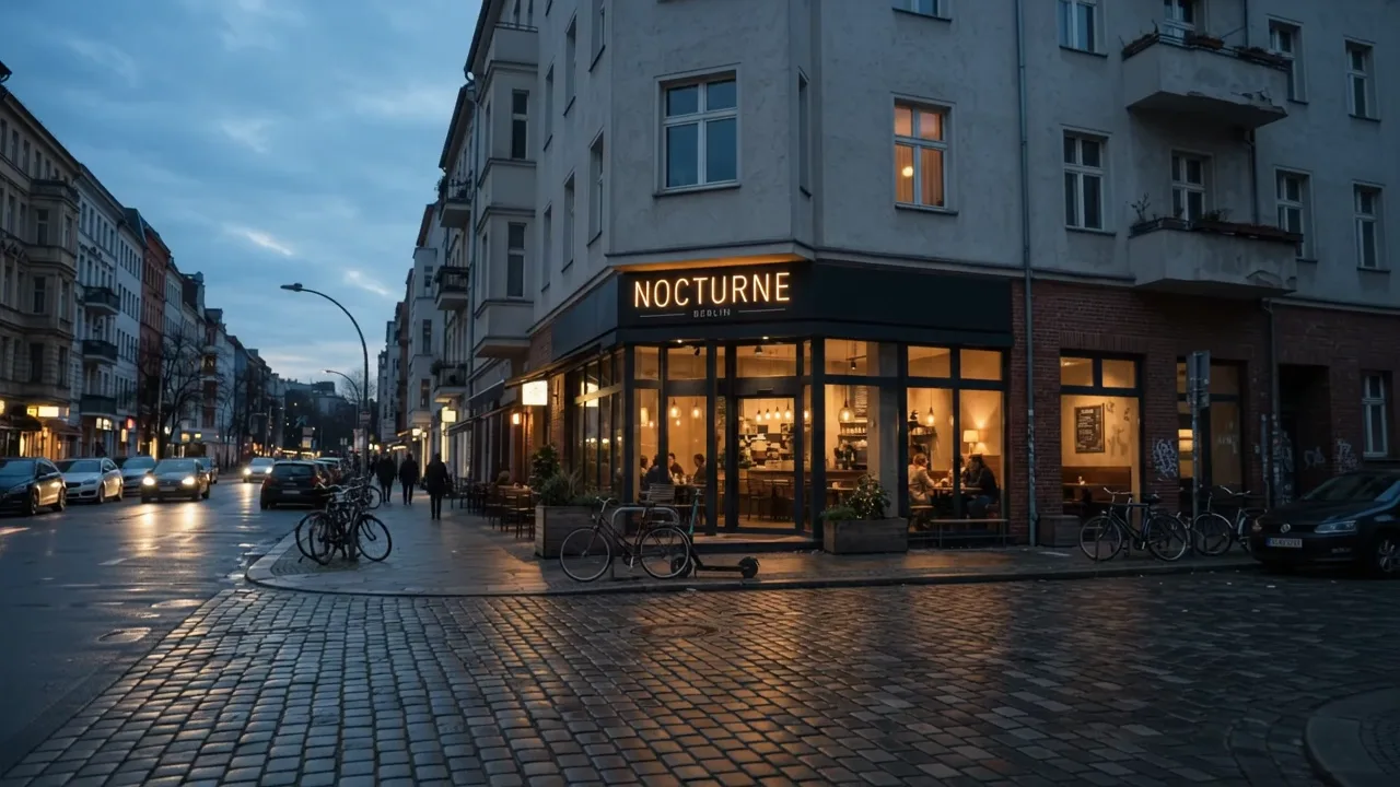 Berliner Eckhaus zur blauen Stunde mit dem beleuchteten Café Nocturne. Die Kamera nähert sich, öffnet die Glastür und geht in den warmen Gastraum.