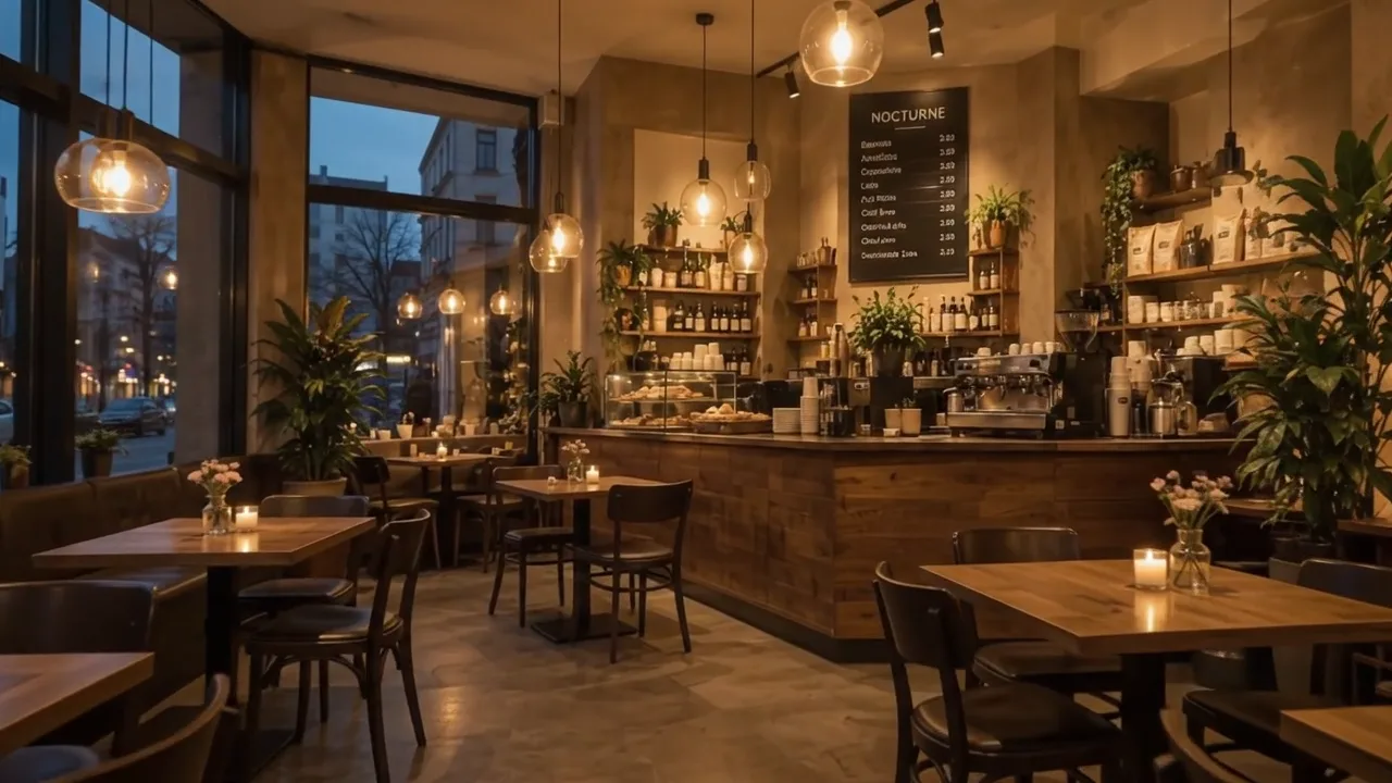 Der Gastraum des Konzeptcafés Nocturne: Pendelleuchten, Theke, Kreidetafel, Fenster zur Straße.