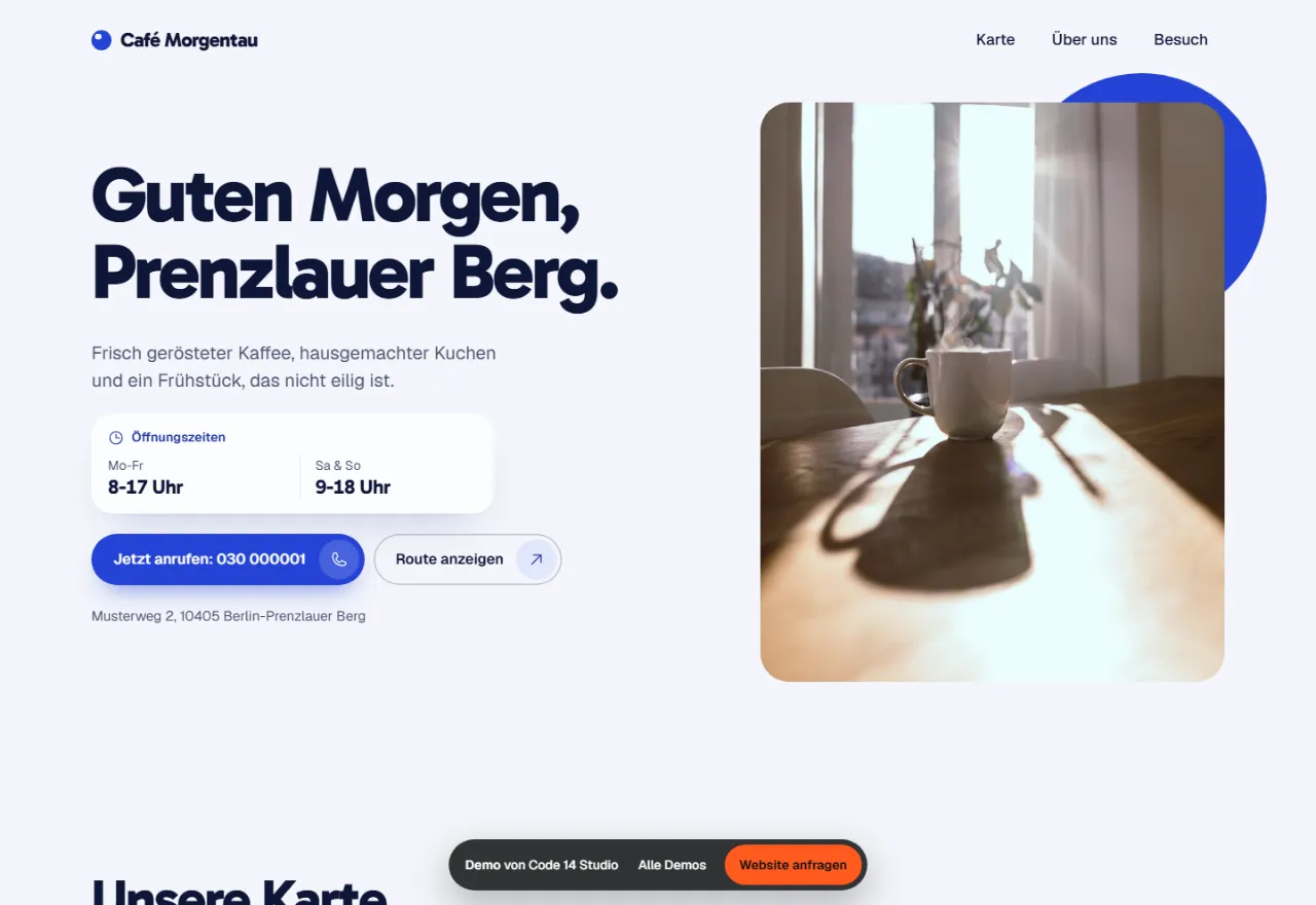 Screenshot der Demo-Website Café Morgentau